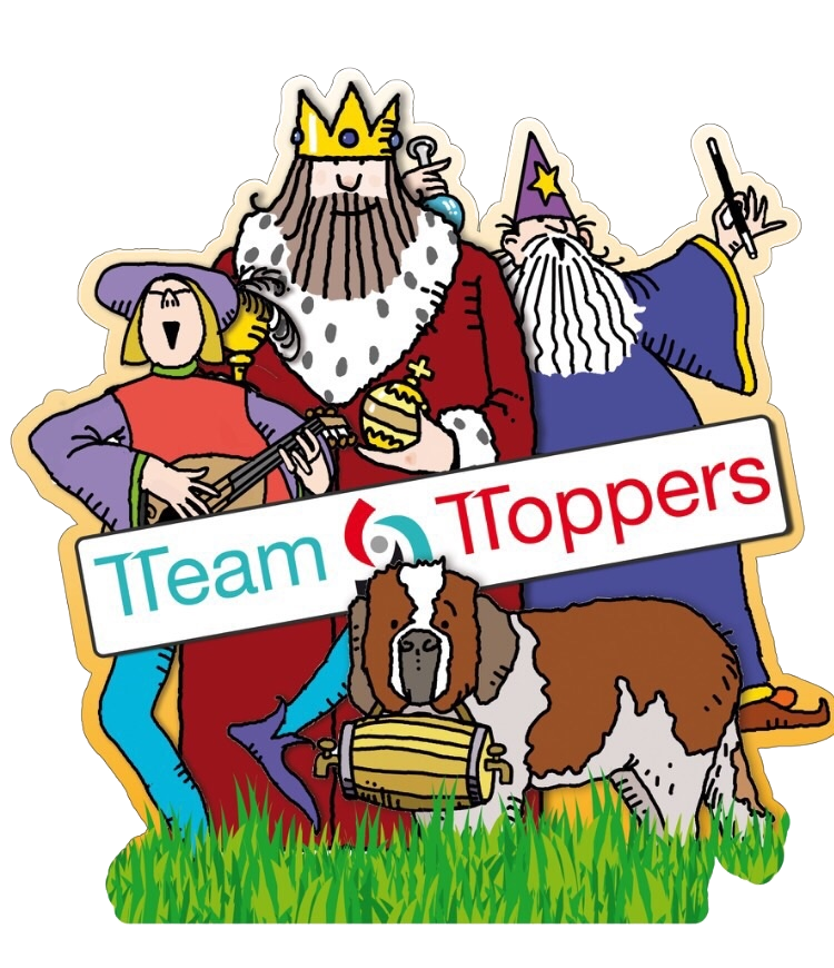 De Team Toppers karakters: een koning, tovenaar, minstreel, zangeres en hond